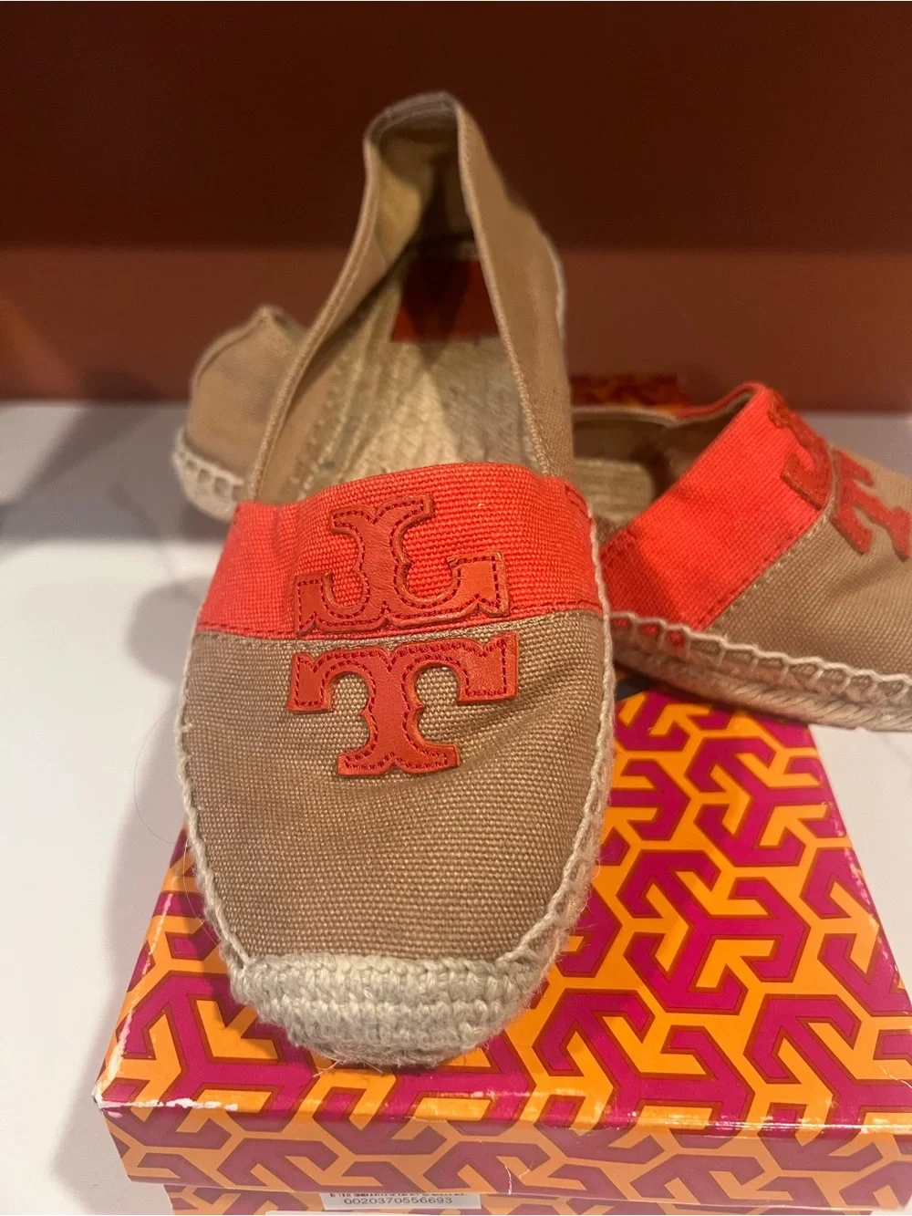 Tory Burch Tan Canvas Espadrille Flats with Coral Logo Band